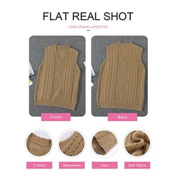 EVALESS Women's Oversized Yellow Cable Knit Sweater Vest, V-Neck, Sleeveless, X-Large