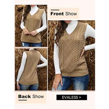 EVALESS Women's Oversized Yellow Cable Knit Sweater Vest, V-Neck, Sleeveless, X-Large