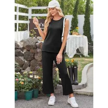 XIEERDUO Summer Two Piece Outfits for Women Sleeveless Tracksuit Wide Leg Loungewear Trendy Comfy Tr...