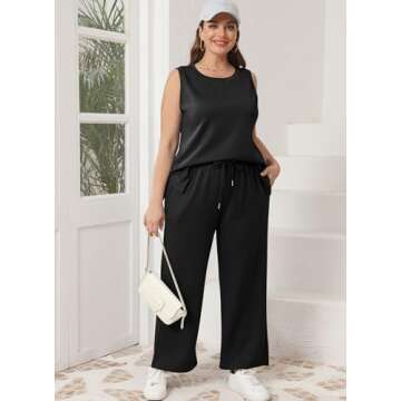 XIEERDUO Summer Two Piece Outfits for Women Sleeveless Tracksuit Wide Leg Loungewear Trendy Comfy Travel Sweatsuit Women's Spring Lounge Set Black S
