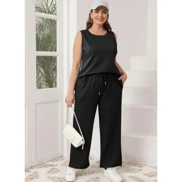 XIEERDUO Summer Two Piece Outfits for Women Sleeveless Tracksuit Wide Leg Loungewear Trendy Comfy Travel Sweatsuit Women's Spring Lounge Set Black S