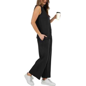 XIEERDUO Summer Two Piece Outfits for Women Sleeveless Tracksuit Wide Leg Loungewear Trendy Comfy Travel Sweatsuit Women's Spring Lounge Set Black S