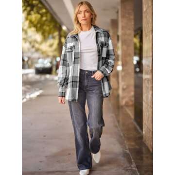 AUTOMET Womens Fall Outfits Fashion Clothes Shackets Flannel Plaid Button Down Long Sleeve Shirts Jackets Grey L