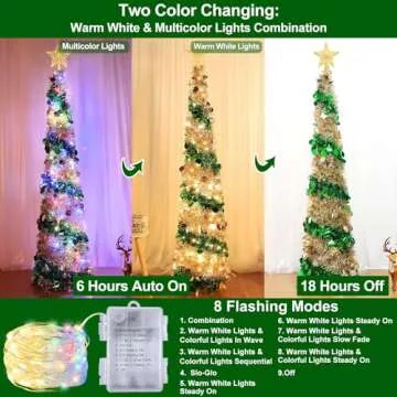Dual Color Change & Timer - 5FT Pop Up Christmas Tree, Tinsel Christmas Tree 50 Warm White & Colored Lights 8 Mode 3D Star Sequins Collapsible Pencil Christmas Tree Indoor Home Classroom Office