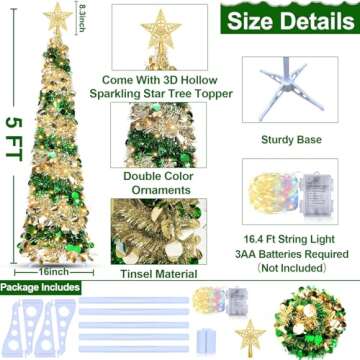 Dual Color Change & Timer - 5FT Pop Up Christmas Tree, Tinsel Christmas Tree 50 Warm White & Colored Lights 8 Mode 3D Star Sequins Collapsible Pencil Christmas Tree Indoor Home Classroom Office