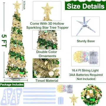 Dual Color Change & Timer - 5FT Pop Up Christmas Tree, Tinsel Christmas Tree 50 Warm White & Colored Lights 8 Mode 3D Star Sequins Collapsible Pencil Christmas Tree Indoor Home Classroom Office
