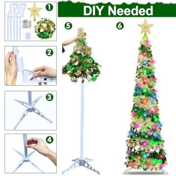 Dual Color Change & Timer - 5FT Pop Up Christmas Tree, Tinsel Christmas Tree 50 Warm White & Colored Lights 8 Mode 3D Star Sequins Collapsible Pencil Christmas Tree Indoor Home Classroom Office