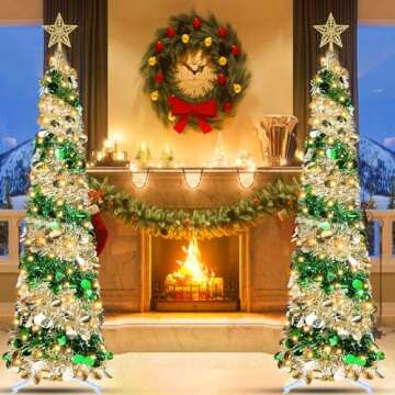 Dual Color Change & Timer - 5FT Pop Up Christmas Tree, Tinsel Christmas Tree 50 Warm White & Colored Lights 8 Mode 3D Star Sequins Collapsible Pencil Christmas Tree Indoor Home Classroom Office