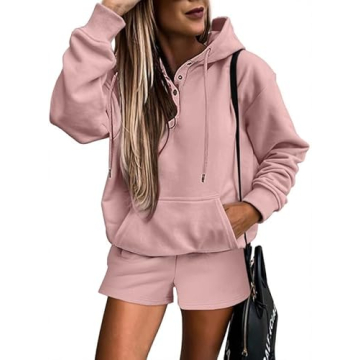 SHEWIN Women Two Piece Sweat Set 2024 Fall Clothes Outfits Fleece Long Sleeve Oversized Hoodie Sweatshirt Shorts Set Casual Comfy Athletic Tracksuit Lounge Set,US 4-6(S),Pink