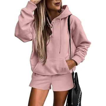 SHEWIN Women Two Piece Sweat Set 2024 Fall Clothes Outfits Fleece Long Sleeve Oversized Hoodie Sweatshirt Shorts Set Casual Comfy Athletic Tracksuit Lounge Set,US 4-6(S),Pink