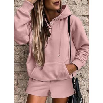 SHEWIN Women Two Piece Sweat Set 2024 Fall Clothes Outfits Fleece Long Sleeve Oversized Hoodie Sweatshirt Shorts Set Casual Comfy Athletic Tracksuit Lounge Set,US 4-6(S),Pink