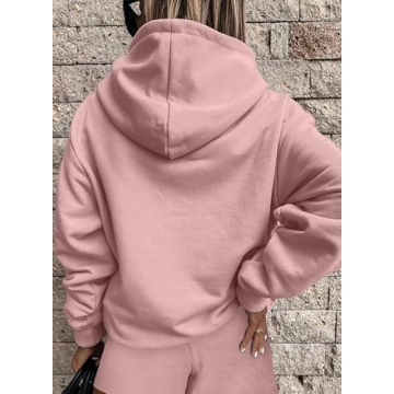 SHEWIN Women Two Piece Sweat Set 2024 Fall Clothes Outfits Fleece Long Sleeve Oversized Hoodie Sweatshirt Shorts Set Casual Comfy Athletic Tracksuit Lounge Set,US 4-6(S),Pink