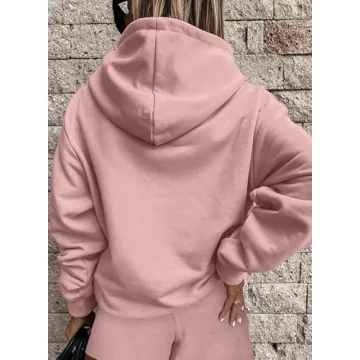 SHEWIN Women Two Piece Sweat Set 2024 Fall Clothes Outfits Fleece Long Sleeve Oversized Hoodie Sweatshirt Shorts Set Casual Comfy Athletic Tracksuit Lounge Set,US 4-6(S),Pink