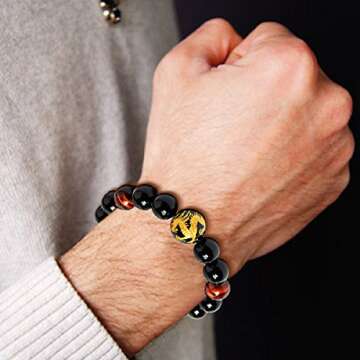 Merdia Men's Tiger Eye Stone Elastic Bead Bracelet with Loong Pattern Bead | Mens Jewelry | Loong Br...
