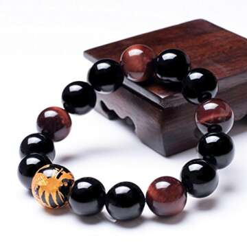 Merdia Men's Tiger Eye Stone Elastic Bead Bracelet with Loong Pattern Bead | Mens Jewelry | Loong Bracelet for Men | Mens Bracelet | Beaded Bracelet | Tiger Eye Bracelet Men | Created Crystal Bracelet