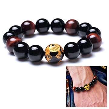 Merdia Men's Tiger Eye Stone Elastic Bead Bracelet with Loong Pattern Bead | Mens Jewelry | Loong Bracelet for Men | Mens Bracelet | Beaded Bracelet | Tiger Eye Bracelet Men | Created Crystal Bracelet