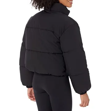 Amazon Essentials Women's Cropped Full-Zip Puffer Jacket (Quilted Matte or Sherpa Fleece), Black, X-Large