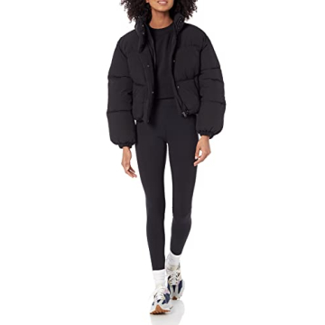 Amazon Essentials Women's Cropped Full-Zip Puffer Jacket (Quilted Matte or Sherpa Fleece), Black, X-Large