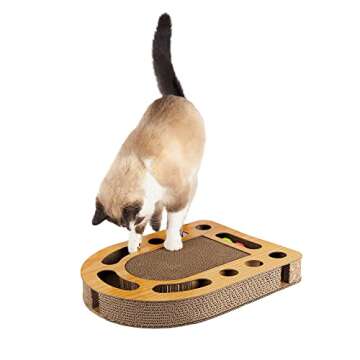 Furhaven Scratching Pad Ball Track Cat Toy w/ Catnip for Indoor Cats - Archway Busy Box Scratcher - Tan, One Size