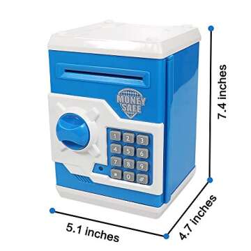 Suliper Electronic Piggy Bank Code Lock for Kids Baby Toy, Mini ATM Safe Coin Cash Banks Real Money Saving Box with Password, Auto Money Scroll for Children,Boys Girls Birthday Gift (Blue/White)