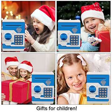 Suliper Electronic Piggy Bank Code Lock for Kids Baby Toy, Mini ATM Safe Coin Cash Banks Real Money Saving Box with Password, Auto Money Scroll for Children,Boys Girls Birthday Gift (Blue/White)