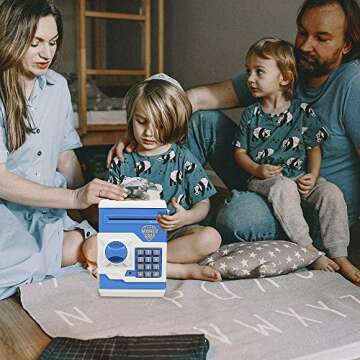 Suliper Electronic Piggy Bank Code Lock for Kids Baby Toy, Mini ATM Safe Coin Cash Banks Real Money Saving Box with Password, Auto Money Scroll for Children,Boys Girls Birthday Gift (Blue/White)