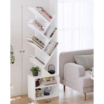 SUNMORY 6 Tier Tree Bookshelf, Tall Bookcase with Storage Cabinet, Modern Narrow Bookshelves Organizer, Floor Standing Book Shelf for Bedroom/Living Room/Home Office/Corner, White