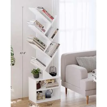 SUNMORY 6 Tier Tree Bookshelf, Tall Bookcase with Storage Cabinet, Modern Narrow Bookshelves Organizer, Floor Standing Book Shelf for Bedroom/Living Room/Home Office/Corner, White