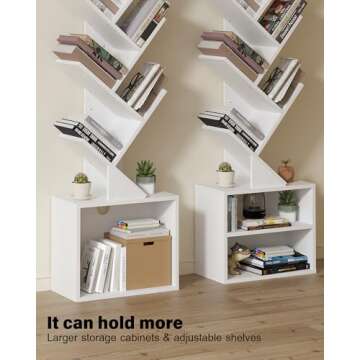 SUNMORY 6 Tier Tree Bookshelf, Tall Bookcase with Storage Cabinet, Modern Narrow Bookshelves Organizer, Floor Standing Book Shelf for Bedroom/Living Room/Home Office/Corner, White