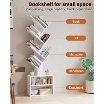 SUNMORY 6 Tier Tree Bookshelf, Tall Bookcase with Storage Cabinet, Modern Narrow Bookshelves Organizer, Floor Standing Book Shelf for Bedroom/Living Room/Home Office/Corner, White