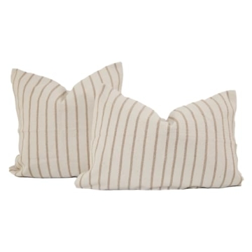 Stylish Woven Pinstripe Cotton Pillow Cover in Beige