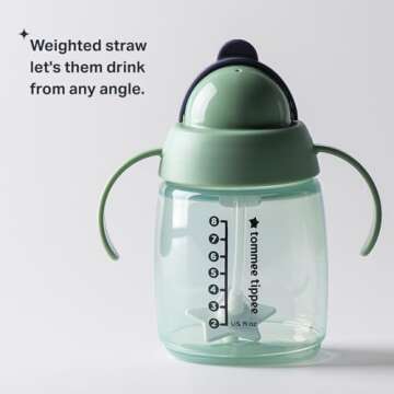 Tommee Tippee Starter Straw Cup, Easy Transition Toddler Cup For 6 Months+, 10oz, with Silicone Weighted Straw and Easy-Hold Handles, Pack of 2, Green