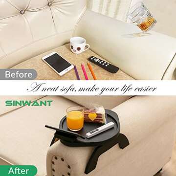 SINWANT Sofa Armrest Tray, Clip On Couch Arm Table, Foldable Sofa Arm Tray with 360° Rotating Phone...