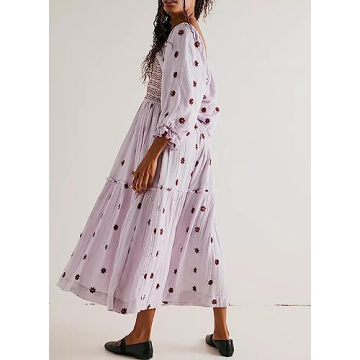 Chloefairy Flowy Maxi Dress with Flower Embroidery