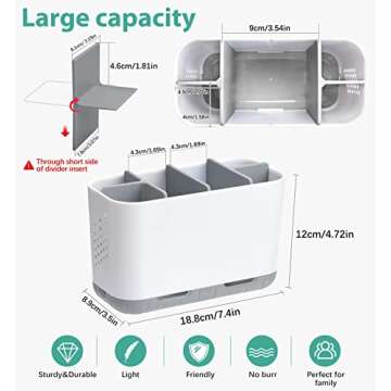 Boperzi Toothbrush and Toothpaste Holder Drainage for Bathroom Countertop with Adjustable Dividers, Large Toothpaste Caddy Organizer Storage Rustic Decor Set Anti-Slip for Shower,Family,Kids Gray