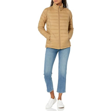 Amazon Essentials Women's Lightweight Long-Sleeve Water-Resistant Packable Puffer Jacket (Available in Plus Size), Camel, Small