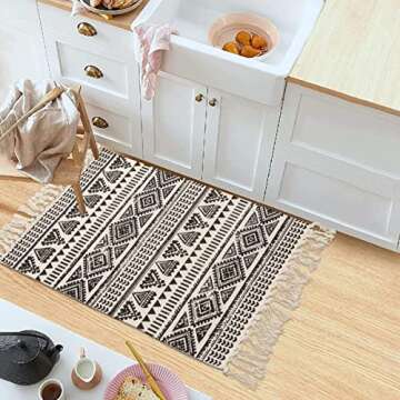 Lanffia Cotton Area Rug Set 2 Piece 2'x3'+2'x4.3' Hand Woven Washable Black and Cream Tribal Cotton Printed Rugs with Tassel for Kitchen Living Room Bedroom Bathroom