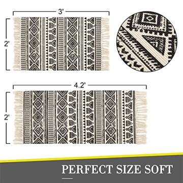 Lanffia Cotton Area Rug Set 2 Piece 2'x3'+2'x4.3' Hand Woven Washable Black and Cream Tribal Cotton Printed Rugs with Tassel for Kitchen Living Room Bedroom Bathroom