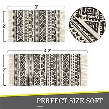Lanffia Cotton Area Rug Set 2 Piece 2'x3'+2'x4.3' Hand Woven Washable Black and Cream Tribal Cotton Printed Rugs with Tassel for Kitchen Living Room Bedroom Bathroom