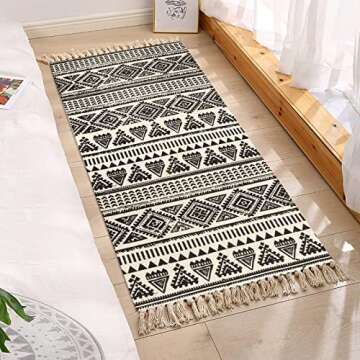 Lanffia Cotton Area Rug Set 2 Piece 2'x3'+2'x4.3' Hand Woven Washable Black and Cream Tribal Cotton Printed Rugs with Tassel for Kitchen Living Room Bedroom Bathroom