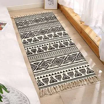 Lanffia Cotton Area Rug Set 2 Piece 2'x3'+2'x4.3' Hand Woven Washable Black and Cream Tribal Cotton Printed Rugs with Tassel for Kitchen Living Room Bedroom Bathroom