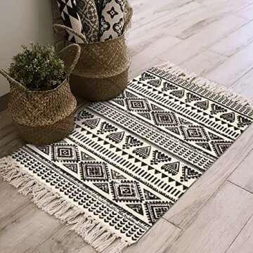 Lanffia Cotton Area Rug Set 2 Piece 2'x3'+2'x4.3' Hand Woven Washable Black and Cream Tribal Cotton Printed Rugs with Tassel for Kitchen Living Room Bedroom Bathroom
