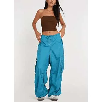 ARTFREE Cargo Pants for Women Baggy Parachute Pants with Pockets Low Waisted Loose Y2K Drawstring Ca...