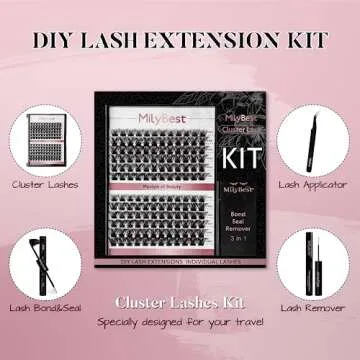 MilyBest Individual Lashes Kit Eyelash Clusters Bond and Seal Lash Glue Waterproof 10-16mm Cluster Lashes DIY Eyelash Extension Remover Lash Tweezers for False Lashes Lash Extensions Kit (Kit, M07)