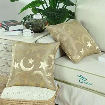 CaliTime Pack of 2 Throw Pillow Covers Cases for Couch Sofa Home Decor Modern Shining & Dull Contrast Stars & Moon 18 X 18 Inches Gold