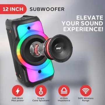 Pyle Bluetooth Party Speaker, 160W Bluetooth Party Box Speaker with True Wireless Stereo System, Powerful Bass and Clear Treble, Carry Bag, Tripod, TWS, FM Radio, USB, AUX and Mic Inputs, 15"x12"x24"