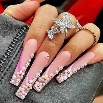 3D Flower Nail Art Charms, 6 Grids 3D Acrylic Nail Flowers Rhinestone Light Change Pink White Blue C...