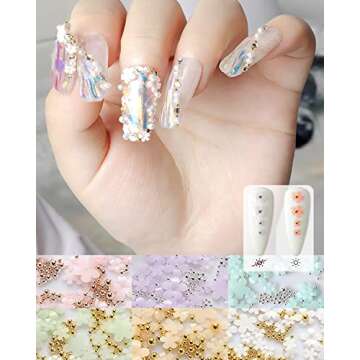 3D Flower Nail Art Charms, 6 Grids 3D Acrylic Nail Flowers Rhinestone Light Change Pink White Blue Cherry Blossom Acrylic Spring Nail Art Supplies with Pearls Manicure DIY Nail Decorations