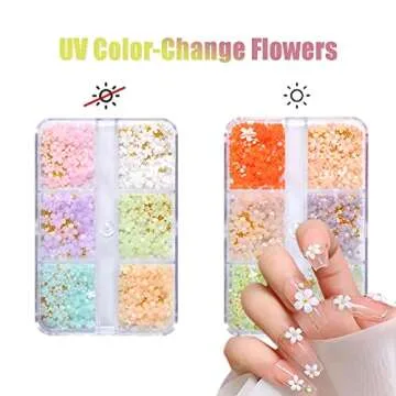 3D Flower Nail Art Charms, 6 Grids 3D Acrylic Nail Flowers Rhinestone Light Change Pink White Blue Cherry Blossom Acrylic Spring Nail Art Supplies with Pearls Manicure DIY Nail Decorations