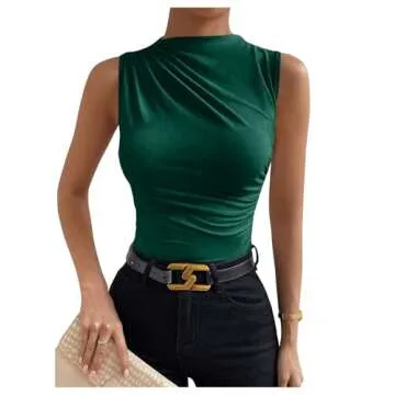 Milumia Women's Casual Ruched Mock Neck Tank Top Sleeveless Slim Fit Work Shirt Tops Dark Green Small